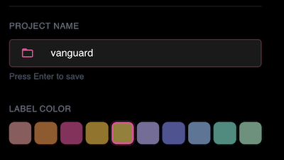 Project settings, with a folder icon beside the project name field that opens the project folder