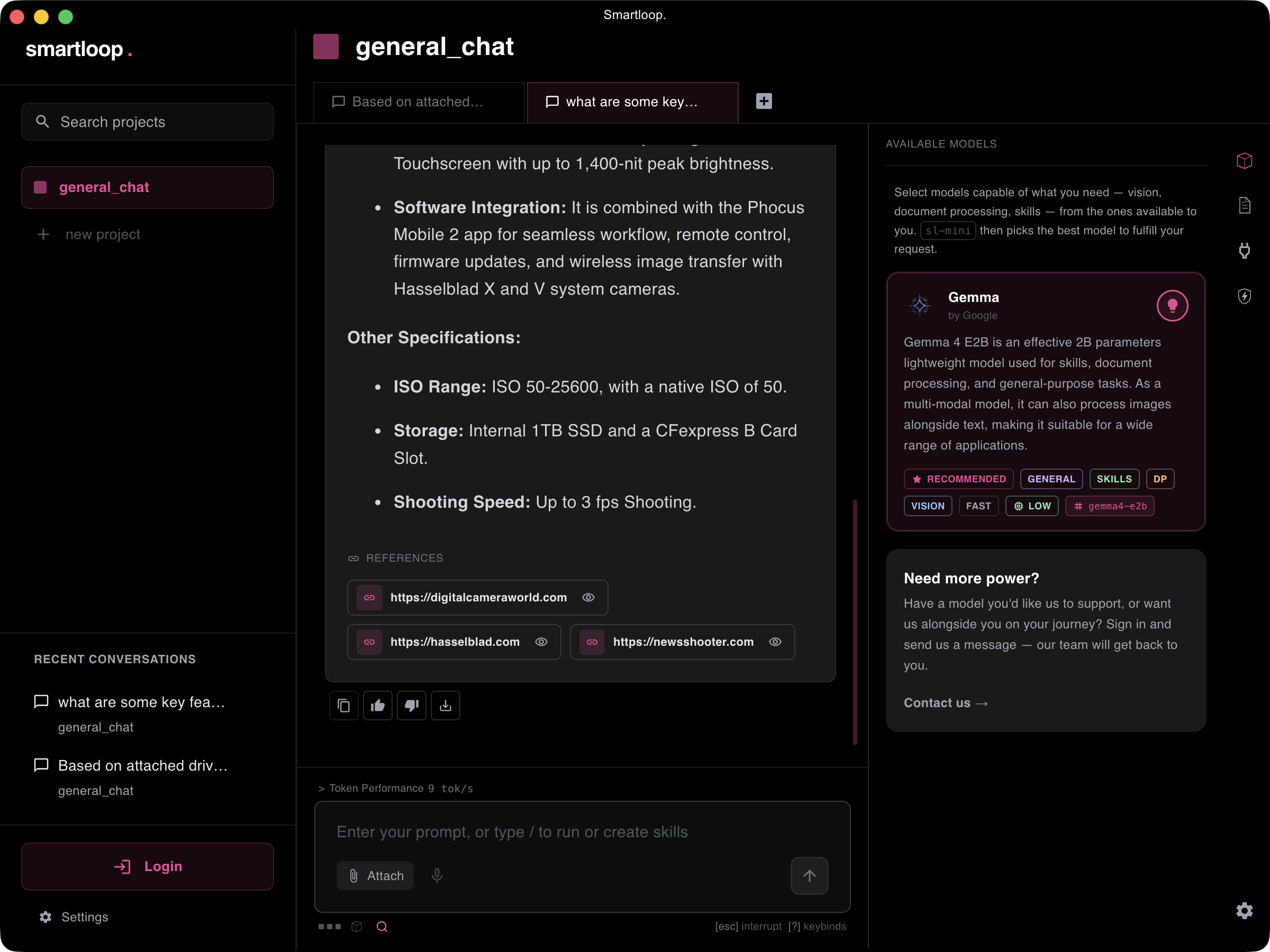 A conversation answering a product question, with a REFERENCES section below the answer listing the three source sites used