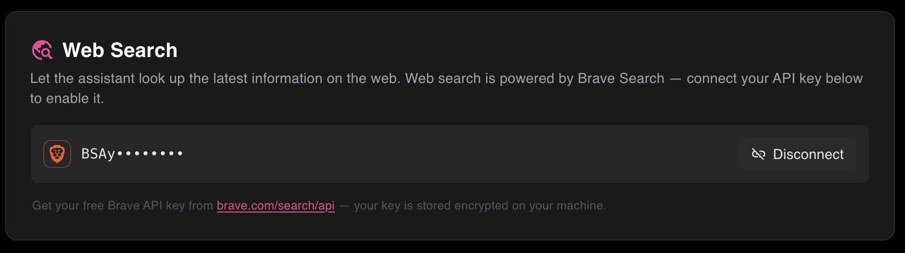 The Web Search section of the Settings page, with a connected Brave API key shown masked and a Disconnect button